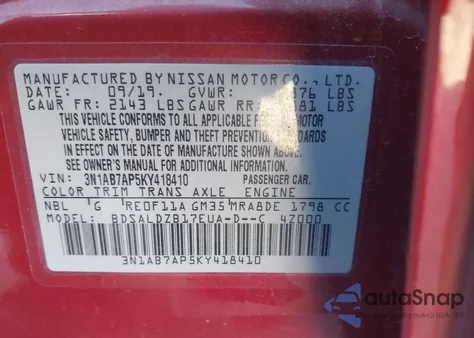 2019 Nissan Sentra Sv z USA, uszkodzony, nr VIN 3N1AB7AP5KY418410